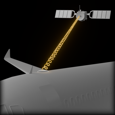 Close view of antenna connected to satellite